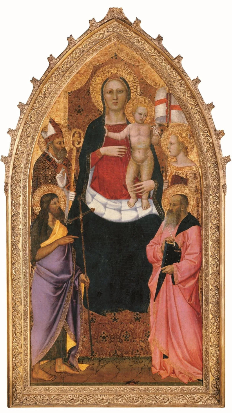 Maagd met Kind zittend met de heiligen Zénobe, Johannes de Doper, Reparata en Johannes de Evangelist - Nardo di Cione