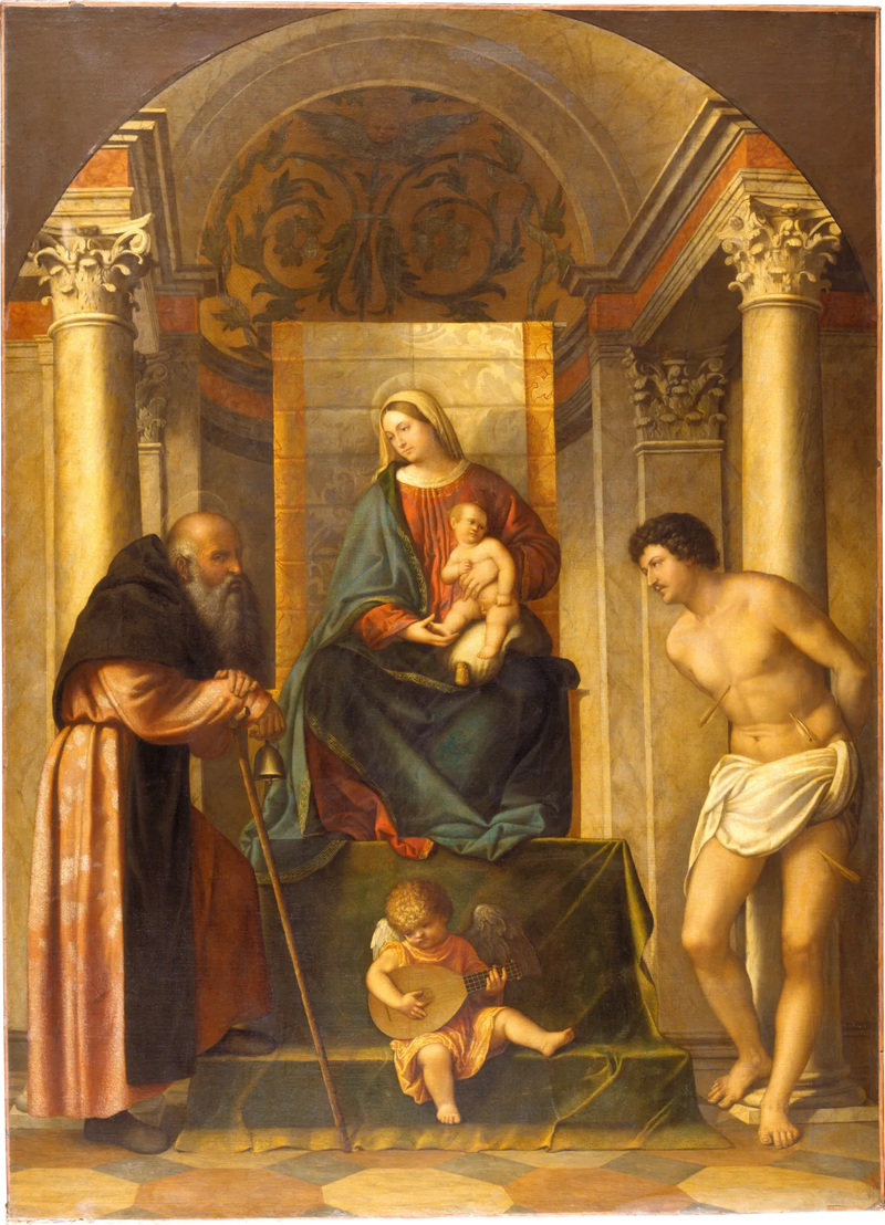 Maagd met Kind zittend met Sint-Antonius de Abt en Sint Sebastiaan - Alessandro Bonvicino