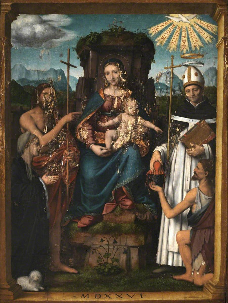 Maagd met Kind zittend met Sint-Jan de Doper, Sint-Antoninus, een donateur en een bedelaar - Bernardino Luini