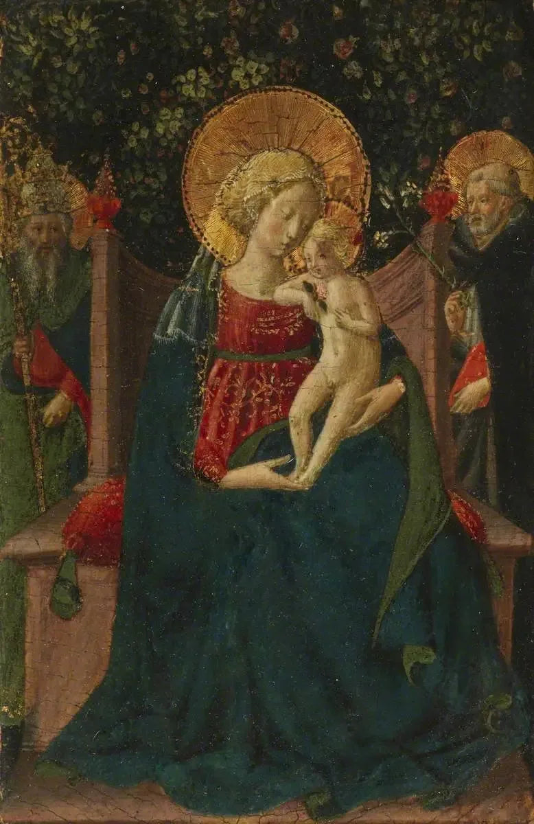 Maagd met Kind zittend tussen Sint-Dominicus en een pauselijke heilige (voorheen toegeschreven aan Domenico di Michelino) - Benozzo Gozzoli