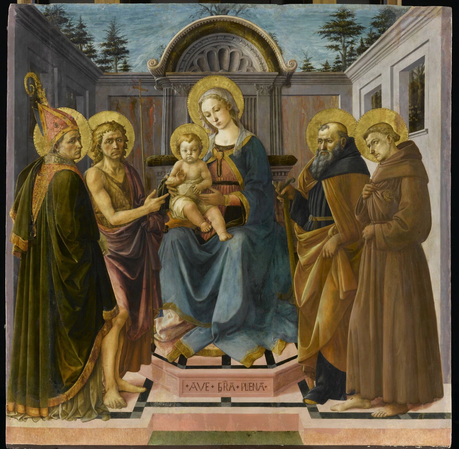 La Vierge et l'Enfant entre saint Zanobie (?), saint Jean-Baptiste, saint Antoine abbé et saint François - Pesellino (Francesco di Stefano, dit)