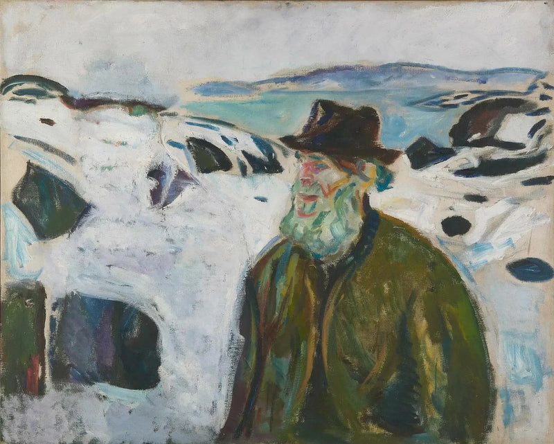 Oude Vissersman op een met sneeuw bedekte kust - Edvard Munch
