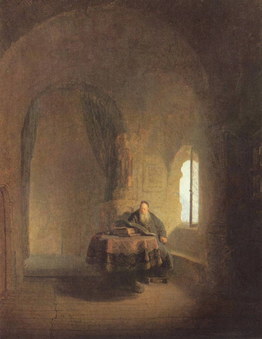 Oude geleerde in een gewelfde kamer - Rembrandt