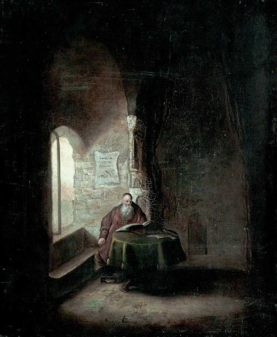 Oude geleerde in een gewelfde kamer - Rembrandt