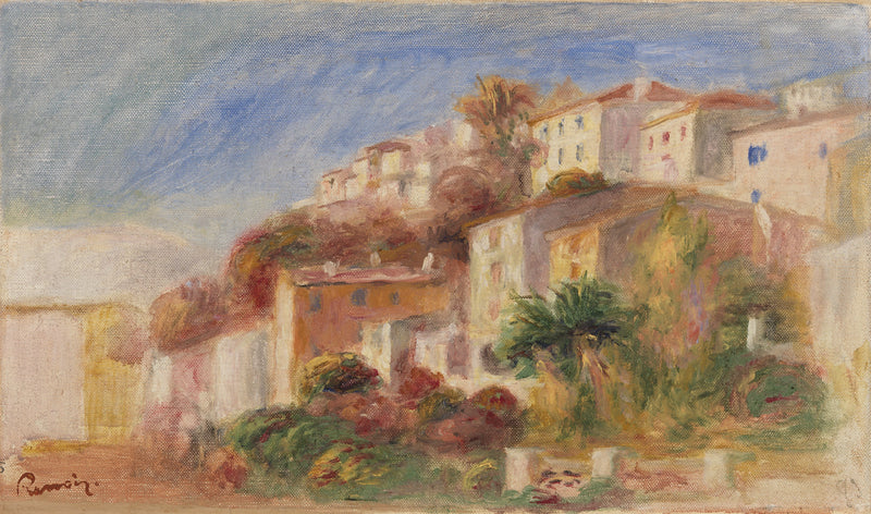 Uitzicht vanuit de tuin van het Postkantoor, Cagnes (Dorp gezien vanuit de tuin van het postkantoor, Cagnes) - Pierre-Auguste Renoir