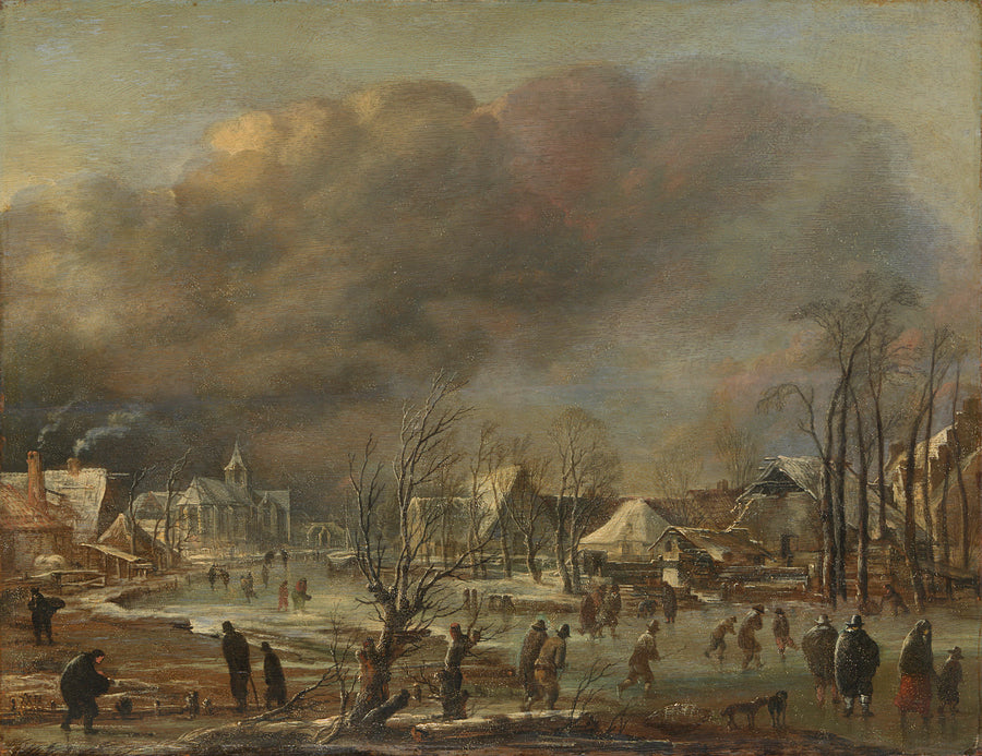 Village sur un canal gelé lors d'une averse de neige - Aernout van der Neer