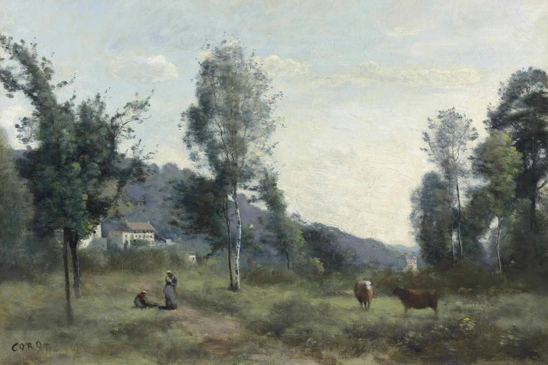 Stad van Avray, weide met op de achtergrond een heuvel in de mist - Jean-Baptiste Camille Corot