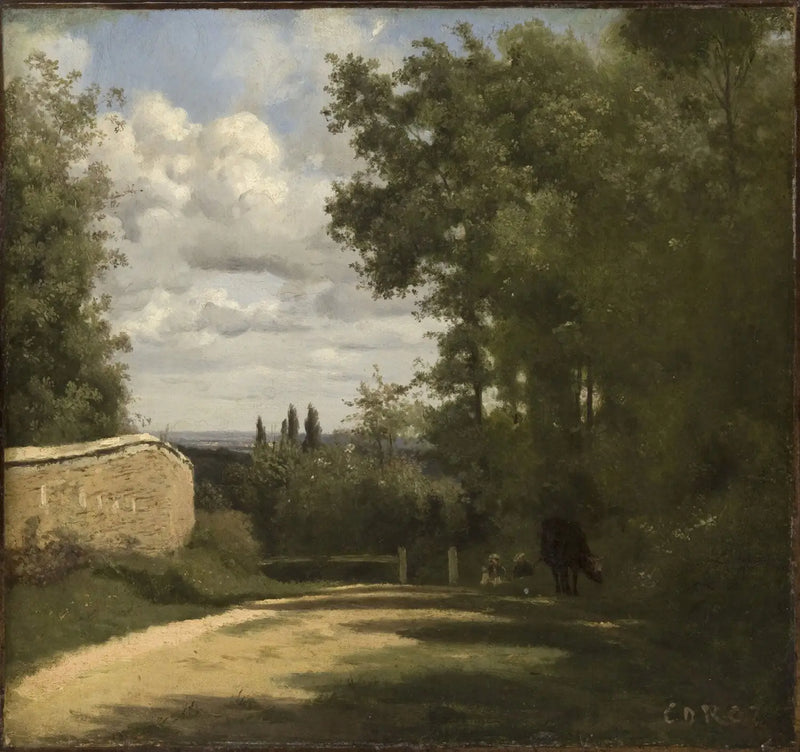 Ville d'Avray, weg omgeven door een muur die leidt naar de vijvers - Jean-Baptiste Camille Corot