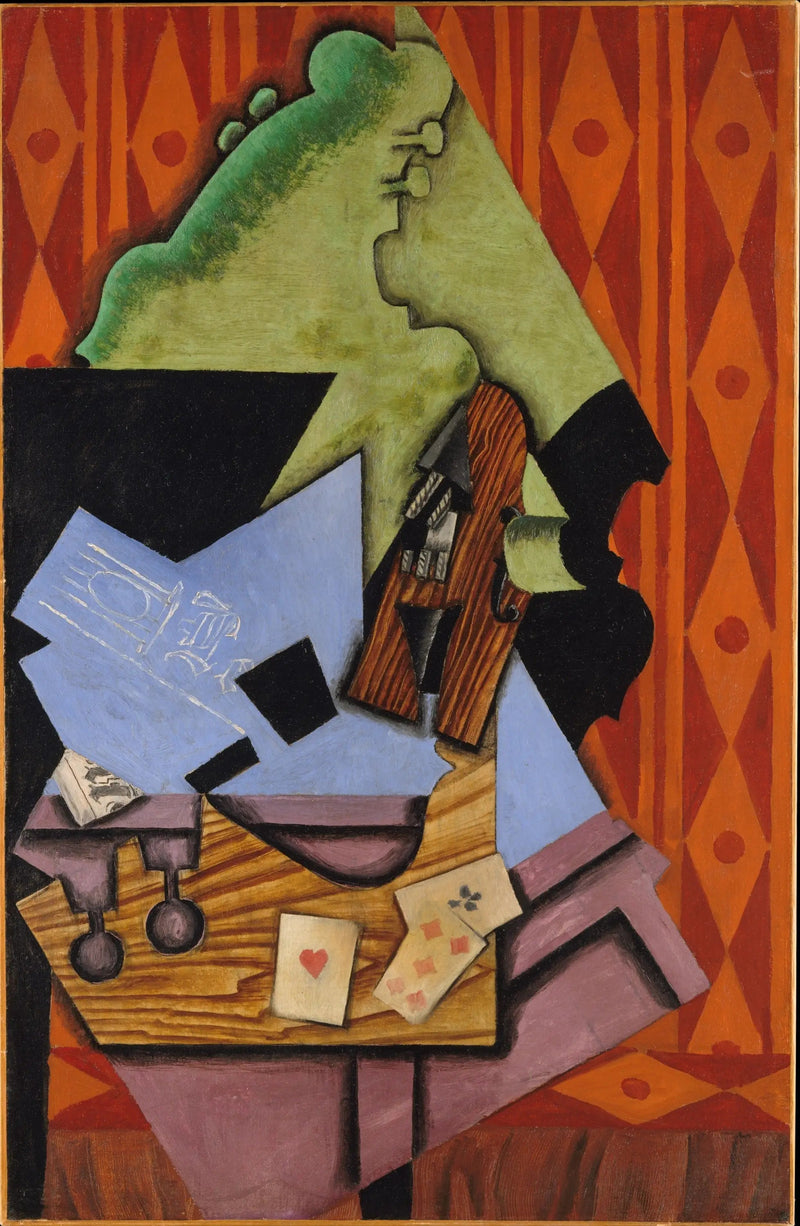 Viool en speelkaarten op een tafel - Juan Gris
