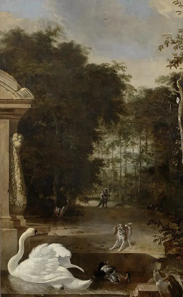 Vogelpark mit Schwan und Hund - Melchior de Hondecoeter image 1 reproduction de peinture à l’huile