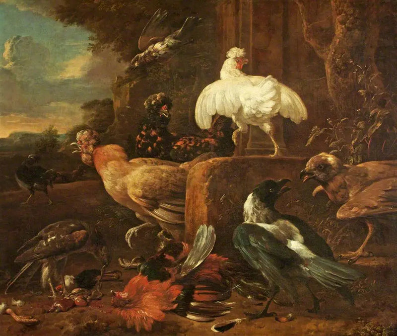Gevogelte aangevallen door roofvogels in een landschap - Melchior de Hondecoeter