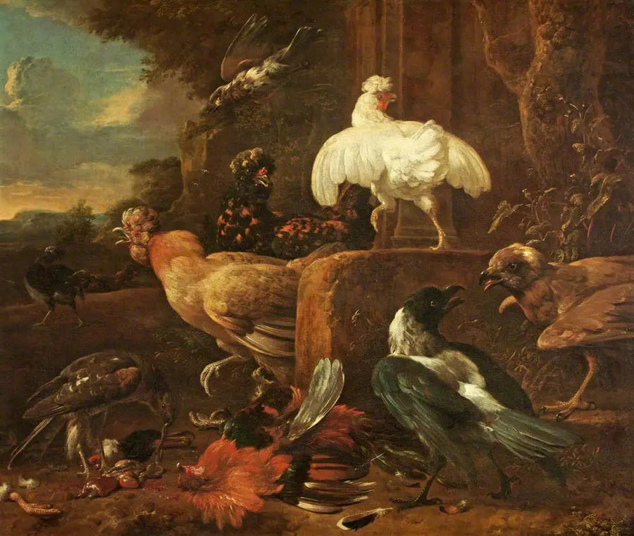 Gevogelte aangevallen door roofvogels in een landschap - Melchior de Hondecoeter