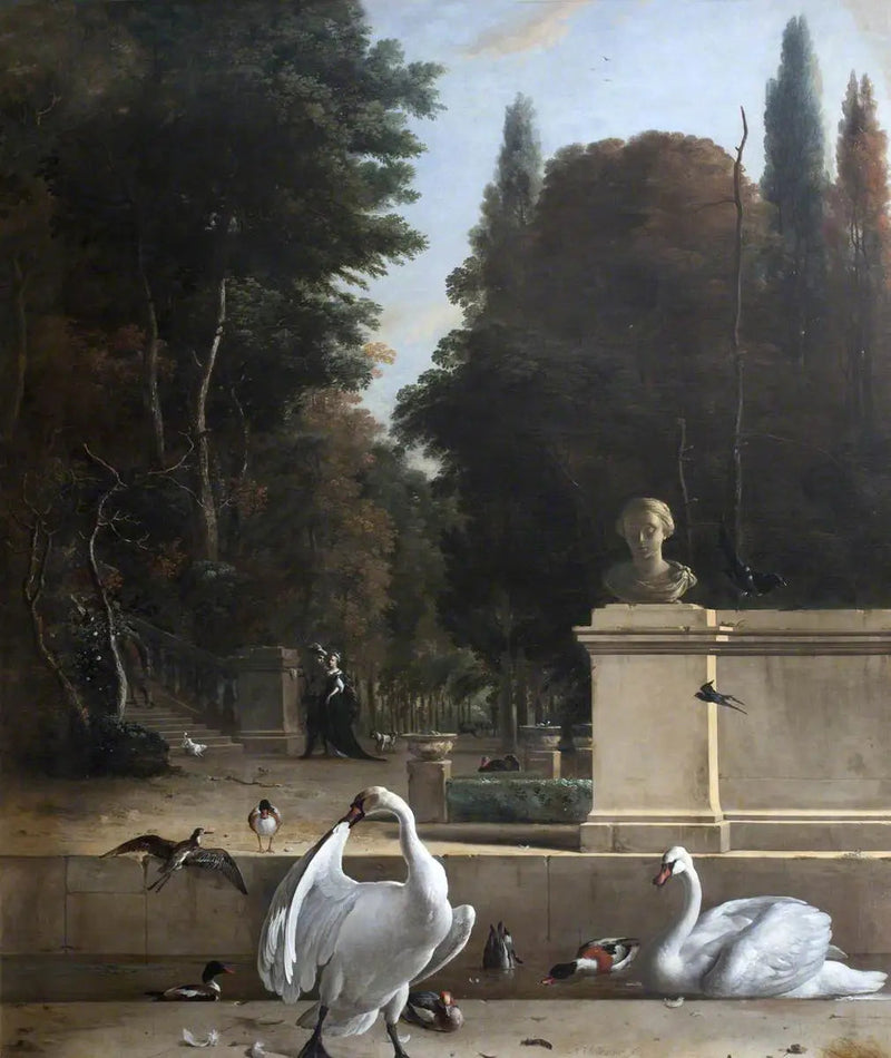 Uitzicht op een park met zwanen en eenden - Melchior de Hondecoeter