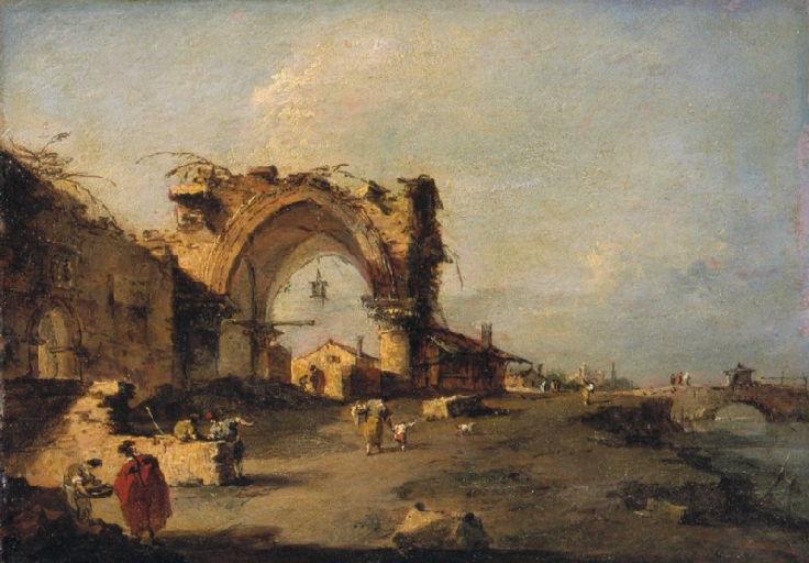 Uitzicht op een dorp met een brug en een monumentale gotische poort in ruïne - Francesco Guardi