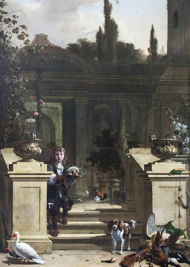 Uitzicht op een terras met een trap naar beneden - Melchior de Hondecoeter