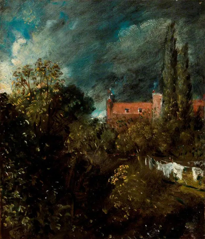 Uitzicht in een tuin, met een rood huis op de achtergrond - John Constable