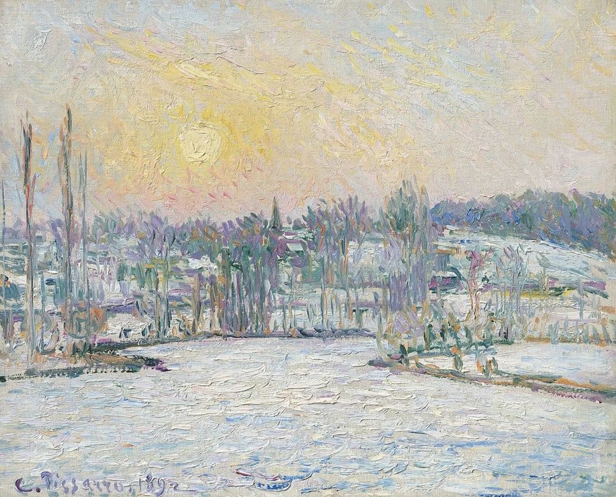 Uitzicht op Bazincourt, sneeuweffect, ondergang van de zon - Camille Pissarro