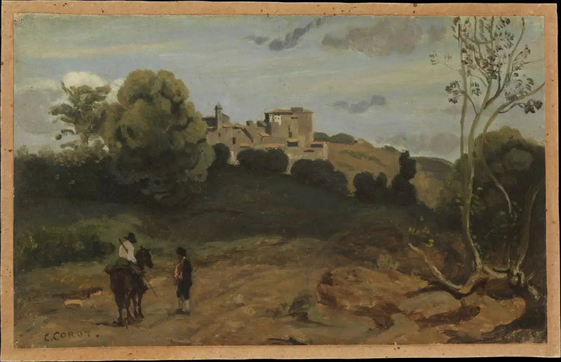 Uitzicht op Genzano met een ruiter en een boer - Jean-Baptiste Camille Corot