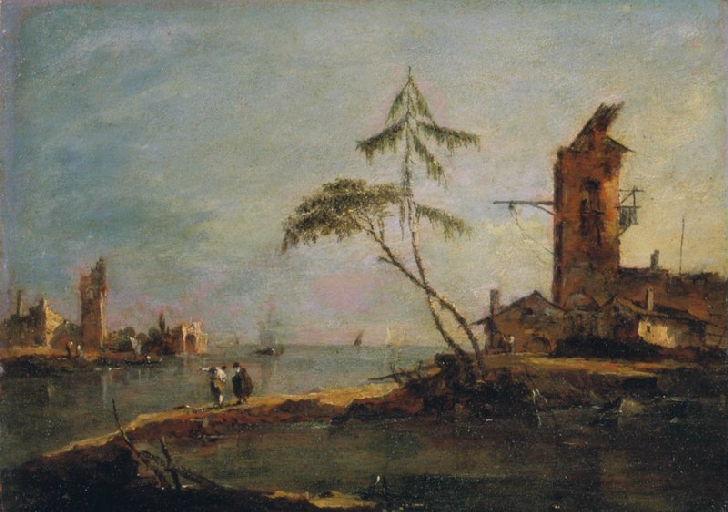 Uitzicht op de ingang van een kanaal met twee torens - Francesco Guardi