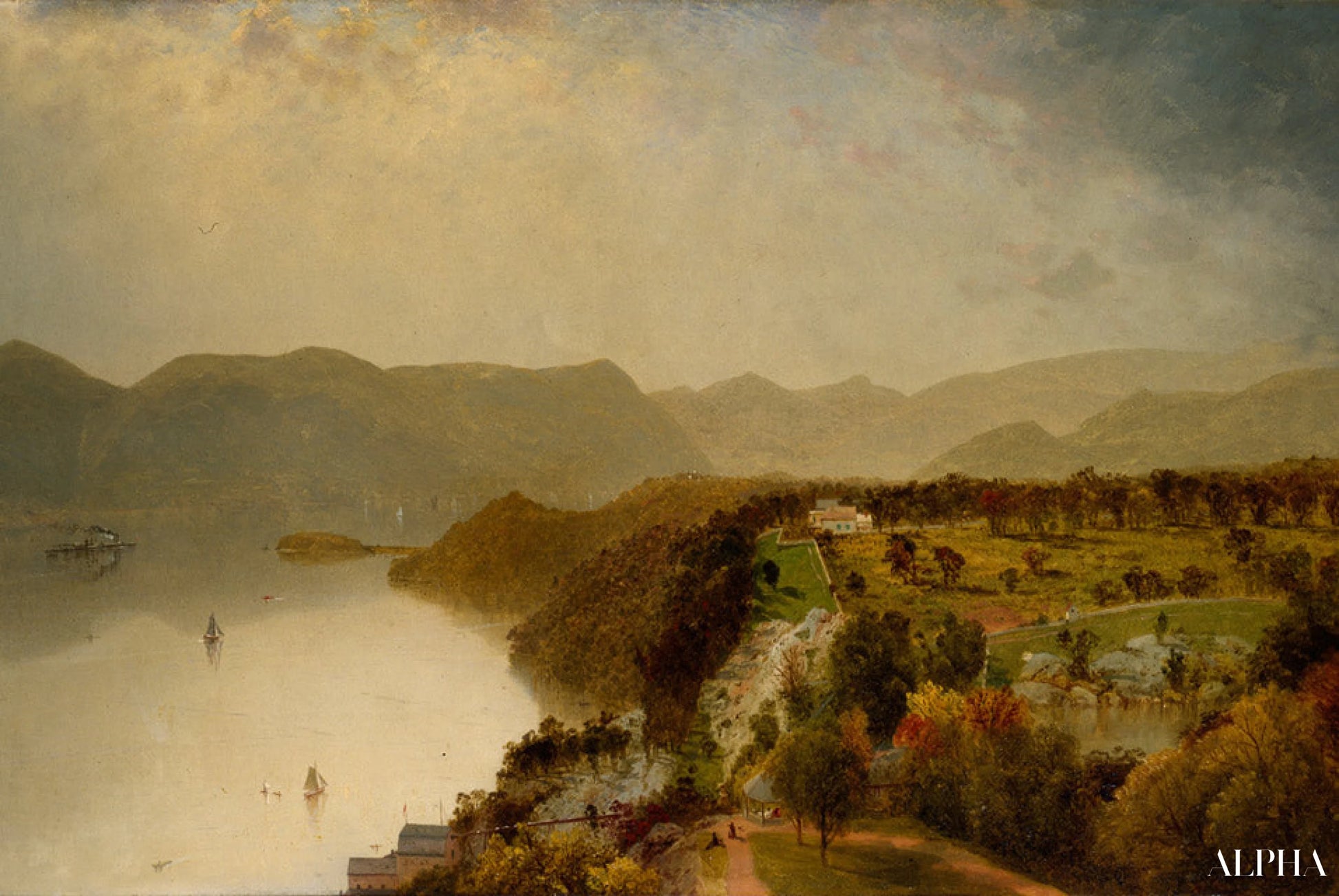 Uitzicht op het Cozzen's hotel nabij West Point, N.Y. - John Frederick Kensett - Reproducties van schilderijen en hoogwaardige schilderijen