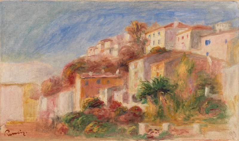 Uitzicht vanuit de tuin van het Postkantoor, Cagnes (Dorp gezien vanuit de tuin van het postkantoor, Cagnes) - Pierre-Auguste Renoir