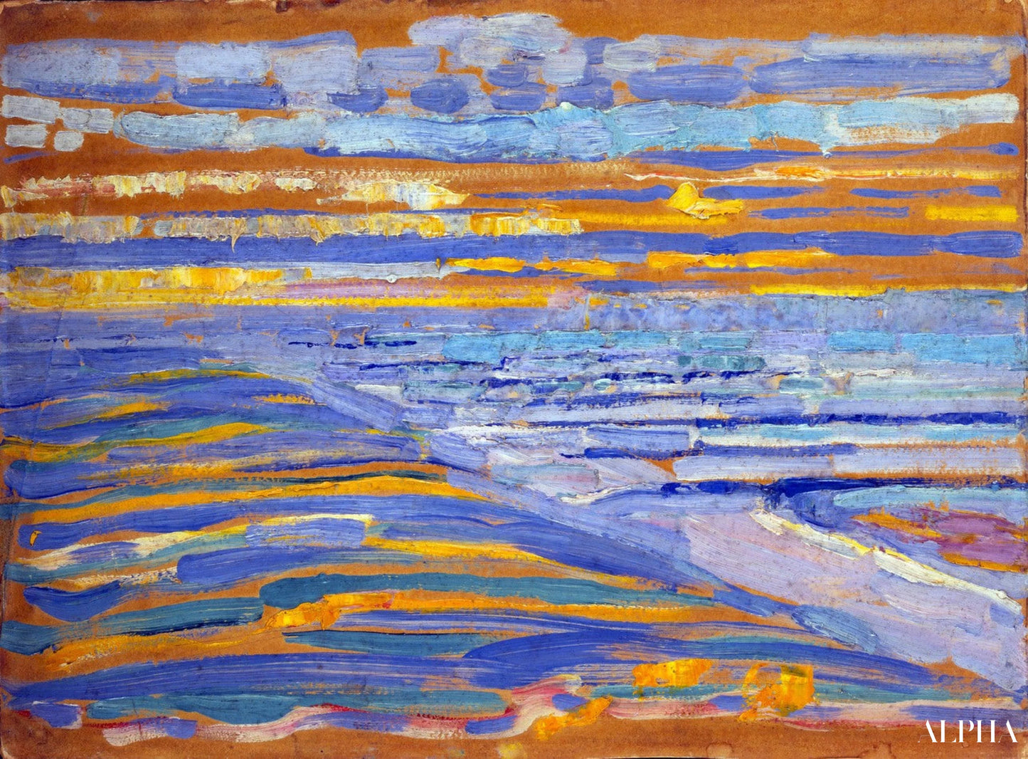 Uitzicht vanaf de duinen met het strand en de pier van Domburg - Mondrian - Reproducties van schilderijen en hoogwaardige schilderijen