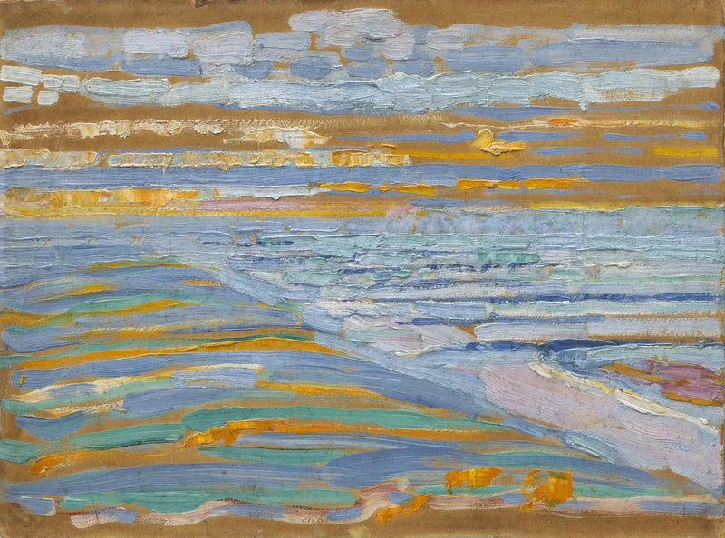 Uitzicht vanaf de duinen met strand en steigers, Domburg - Piet Mondrian