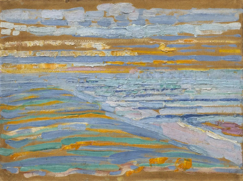 Uitzicht vanaf de duinen met strand en steigers, Domburg - Piet Mondrian