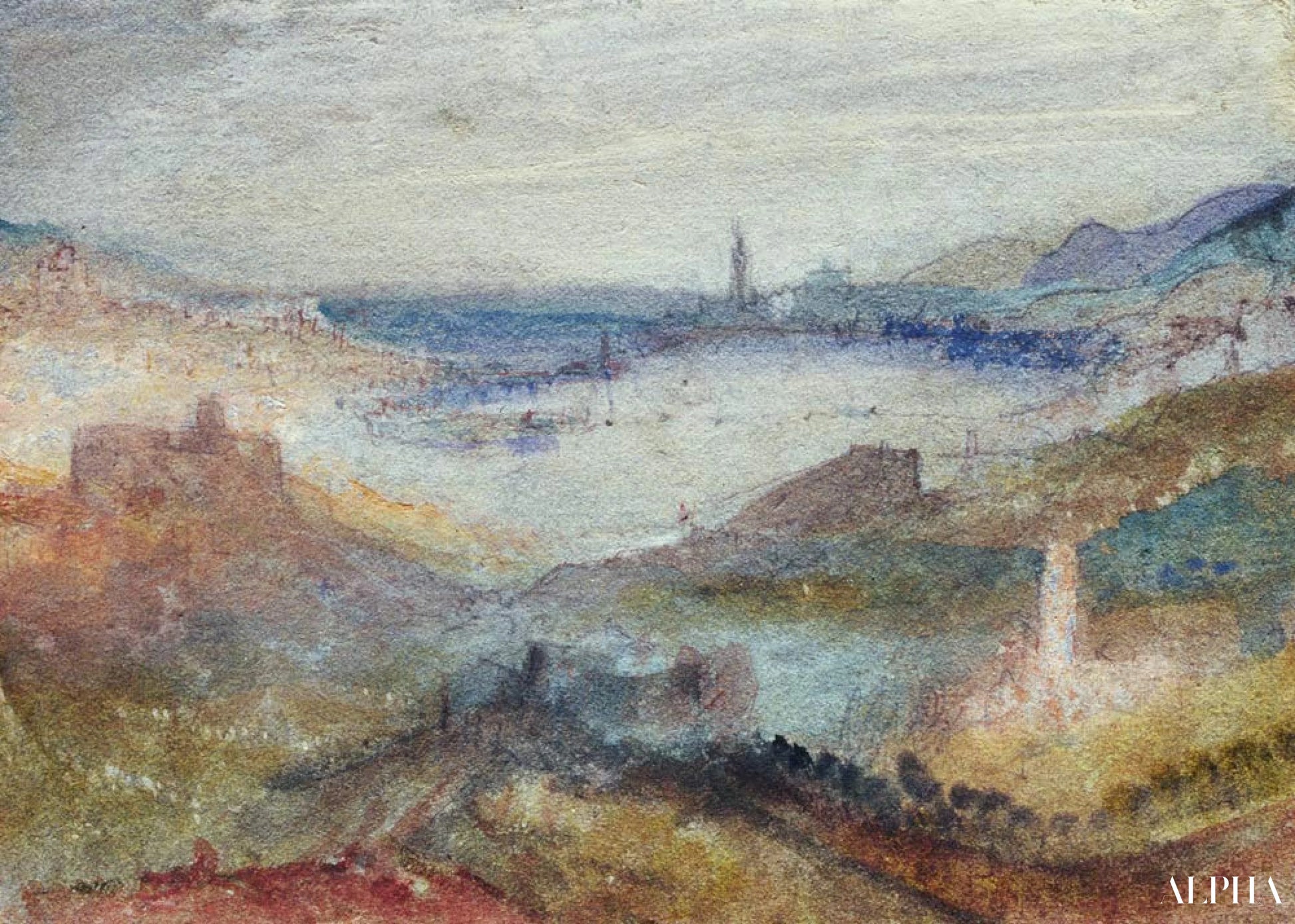 Uitgebreid uitzicht op een meer - William Turner - Reproducties van schilderijen en hoogwaardige schilderijen