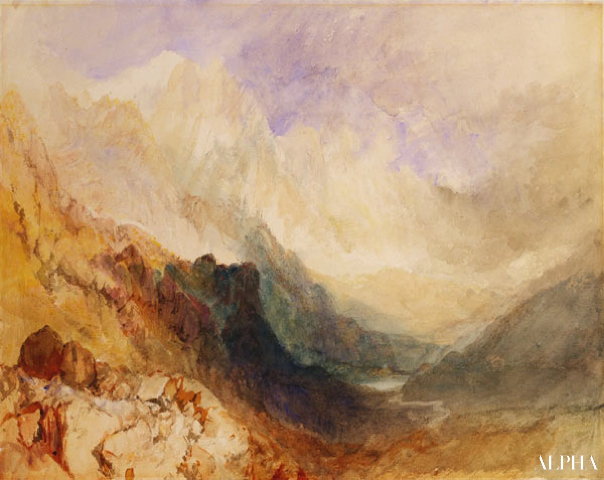 Uitzicht over een alpine vallei - William Turner - Reproducties van schilderijen en hoogwaardige schilderijen