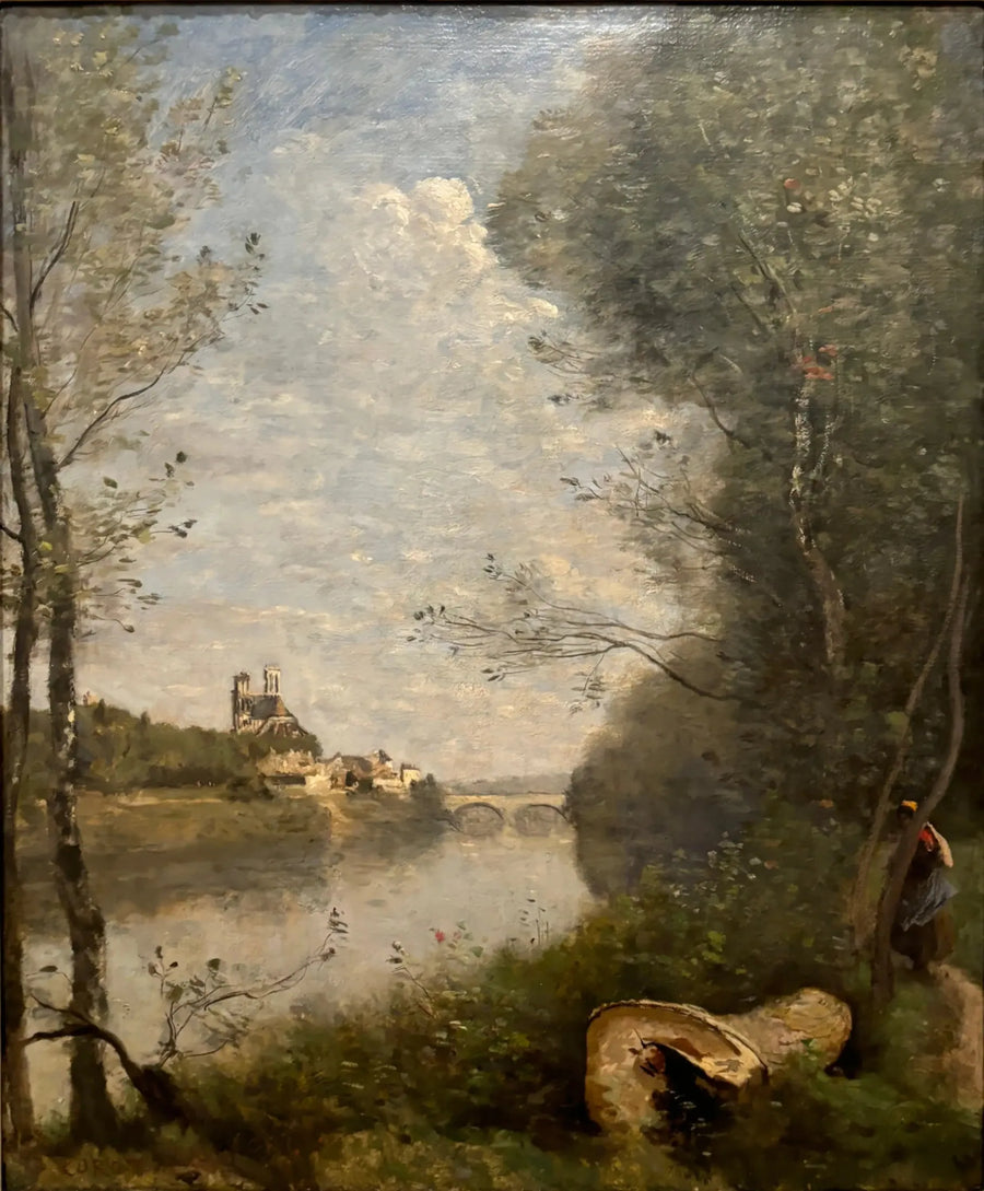 Verafgelegen uitzicht op de kathedraal van Mantes - Jean-Baptiste Camille Corot