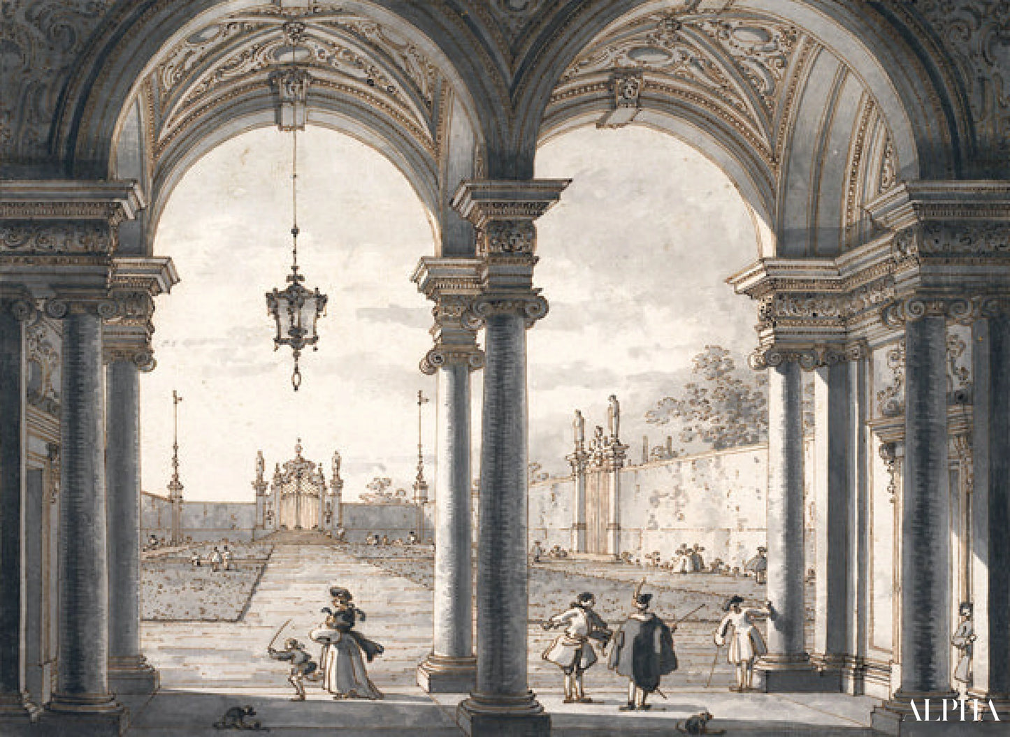 Uitzicht op een tuin door een barokke zuilengalerij - Giovanni Antonio Canal - Reproducties van schilderijen en hoogwaardige schilderijen