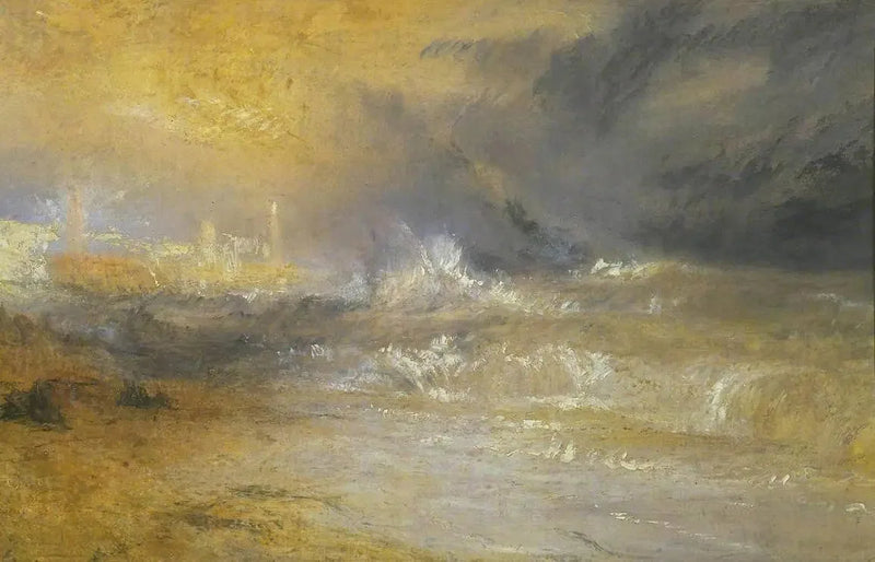 Golven die breken op een beschutte kust bij Margate (Studie voor 'Rockets and Blue Lights') - J. M. W. Turner