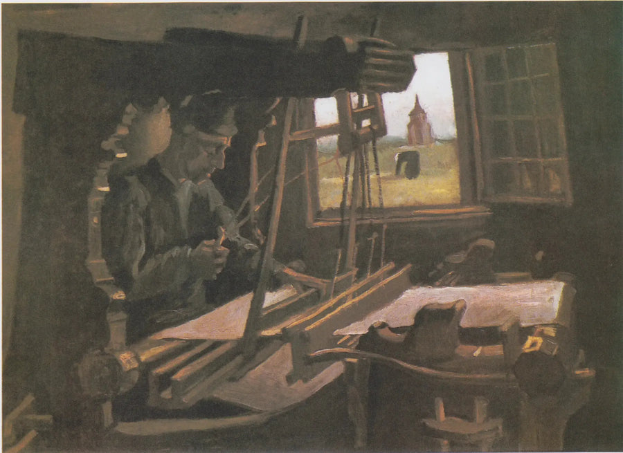 Weber voor een open raam met uitzicht op de Toren van Nuenen - Vincent van Gogh