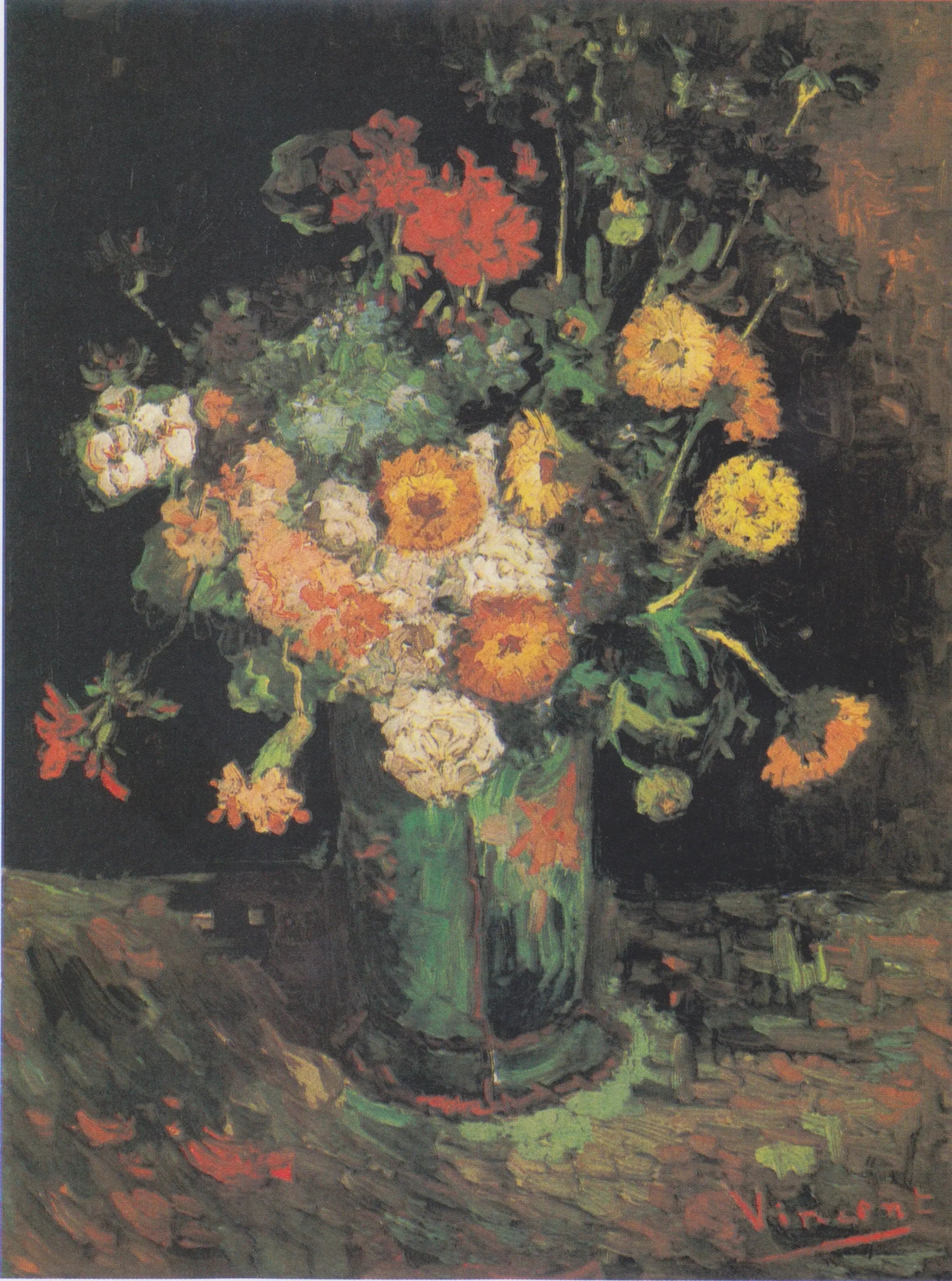 Zinnias et géraniums dans un vase - Vincent van Gogh image 1 copie de tableau peinte à la main
